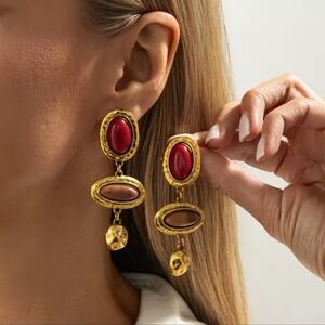Gold and Red Dangle Earrings